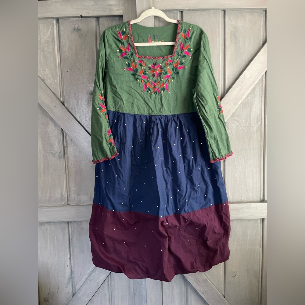 Gudrun Sjoden Green Navy Burgundy Embroidered Long-Sleeve Cotton Dress